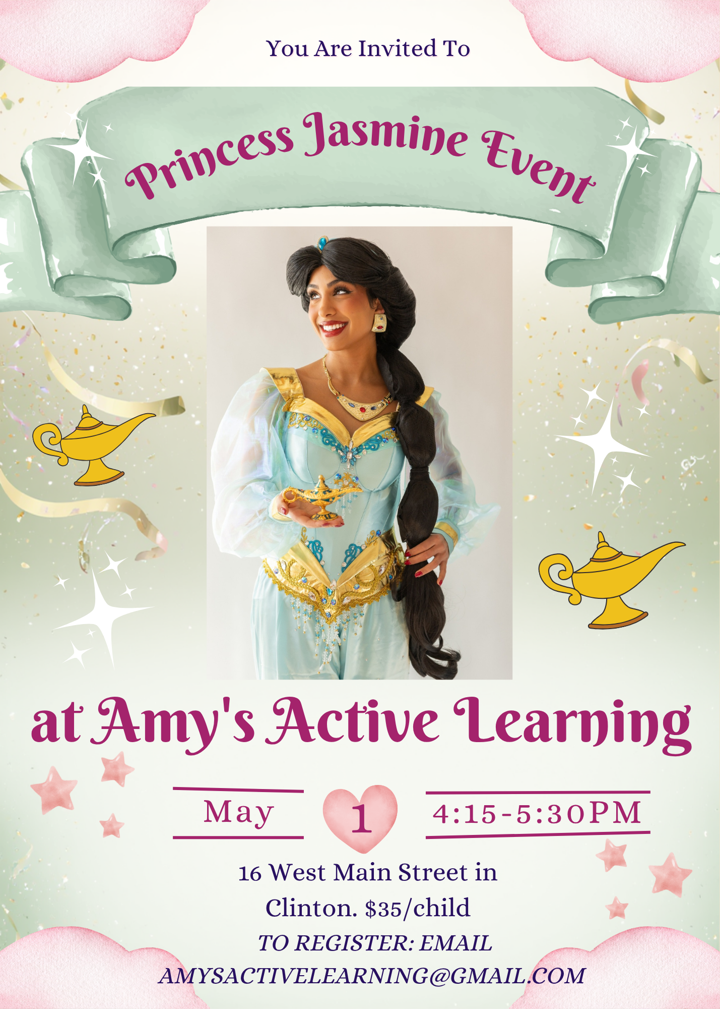 Flyer for a Princess Jasmine event at Amy's Active Learning on May 1, 4:15-5:30PM. Email amysactivelearning@gmail.com to register.