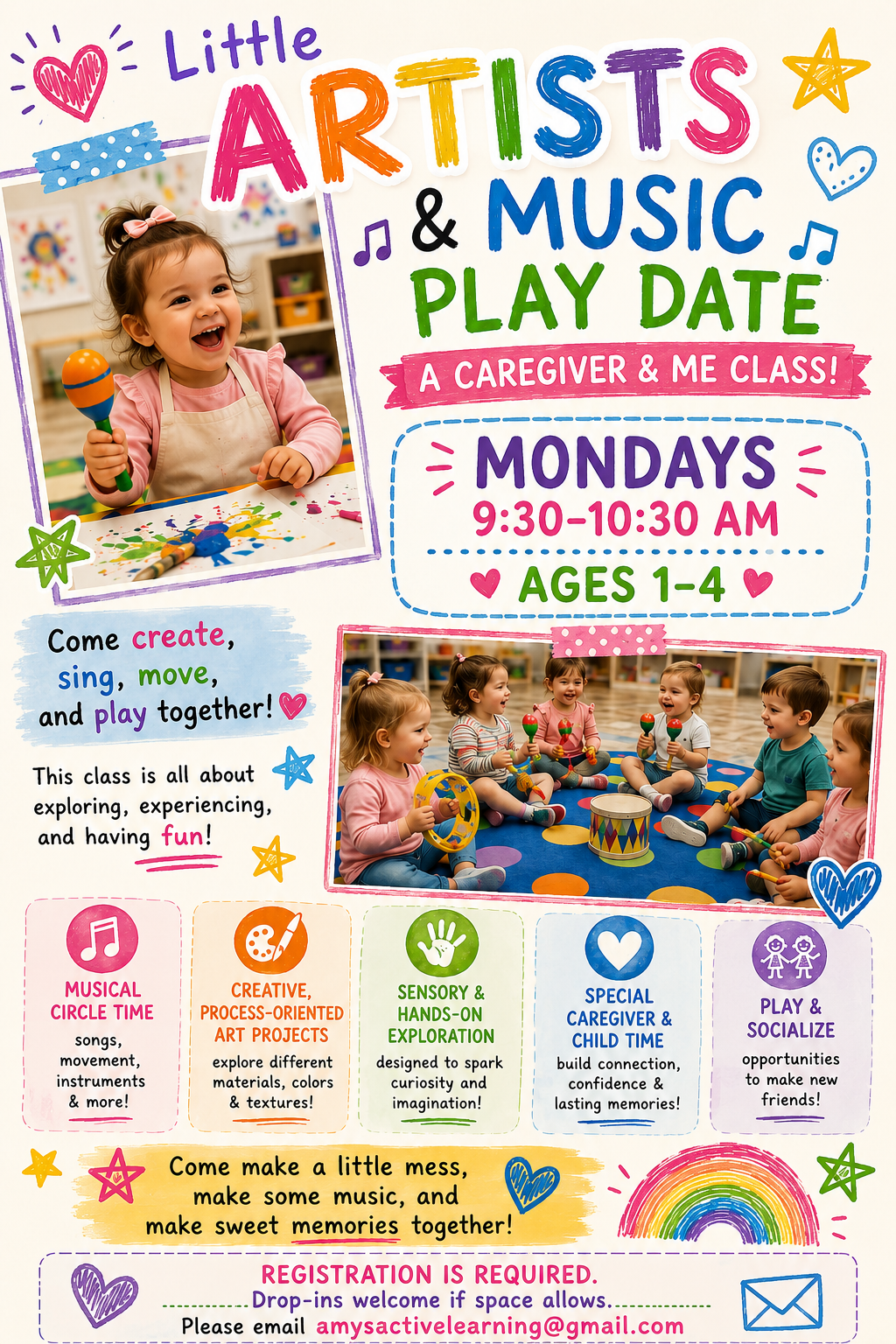 Little Artists & Music Play Date flyer with photos of children, Monday 9:30–10:30 AM for ages 1–4.