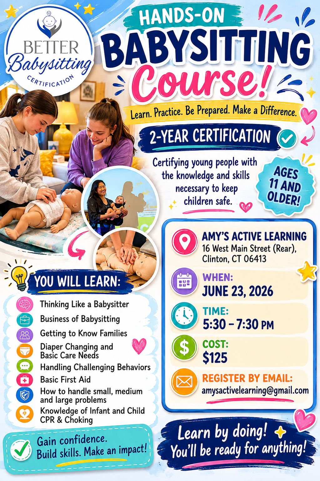 Hands-on babysitting course flyer with kids, bright blue/yellow design, certification, dates, time, and price details