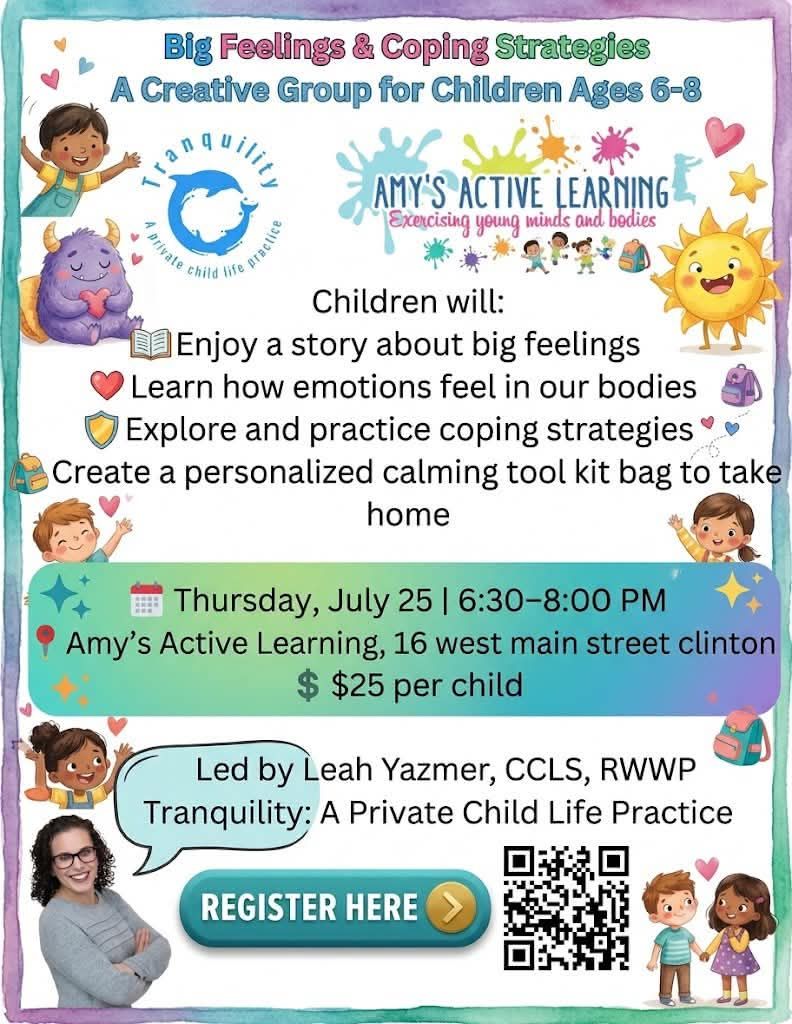 Child-feelings coping strategies flyer with cartoon kids, event details, and a 'Register here' button