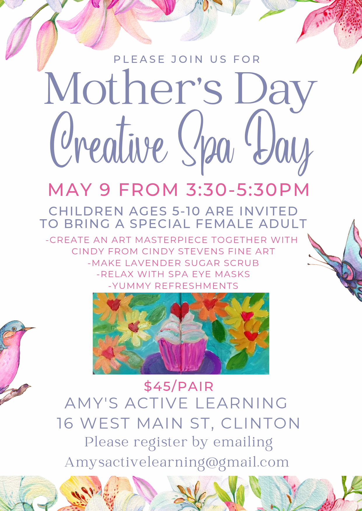 Mother’s Day Creative Spa Day flyer with flowers, date, time, and children’s craft details