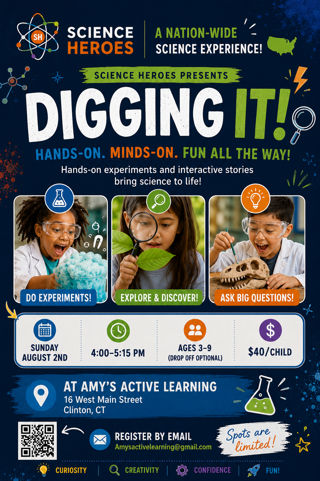 Flyer for “Digging In” science event with children, shovels, and activity details on a blue background