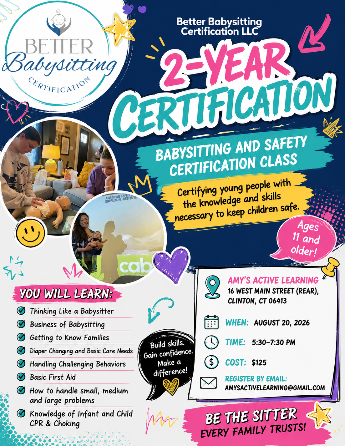 Colorful flyer for Better Babysitting 2-year certification babysitting and safety class with text, icons, and photos