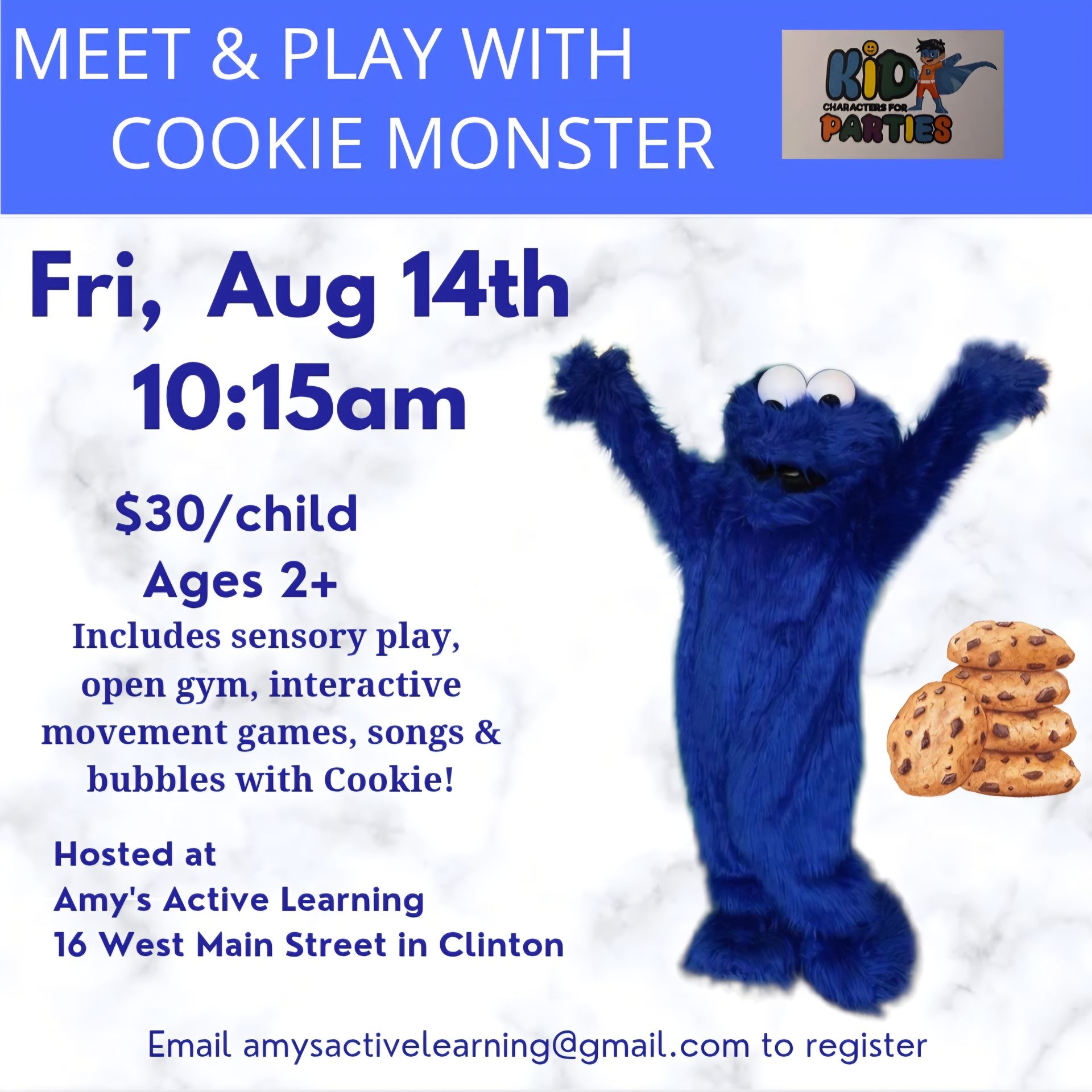 Cookie Monster meet-and-play flyer with date, time, price, age 2+, and Amy’s Active Learning details