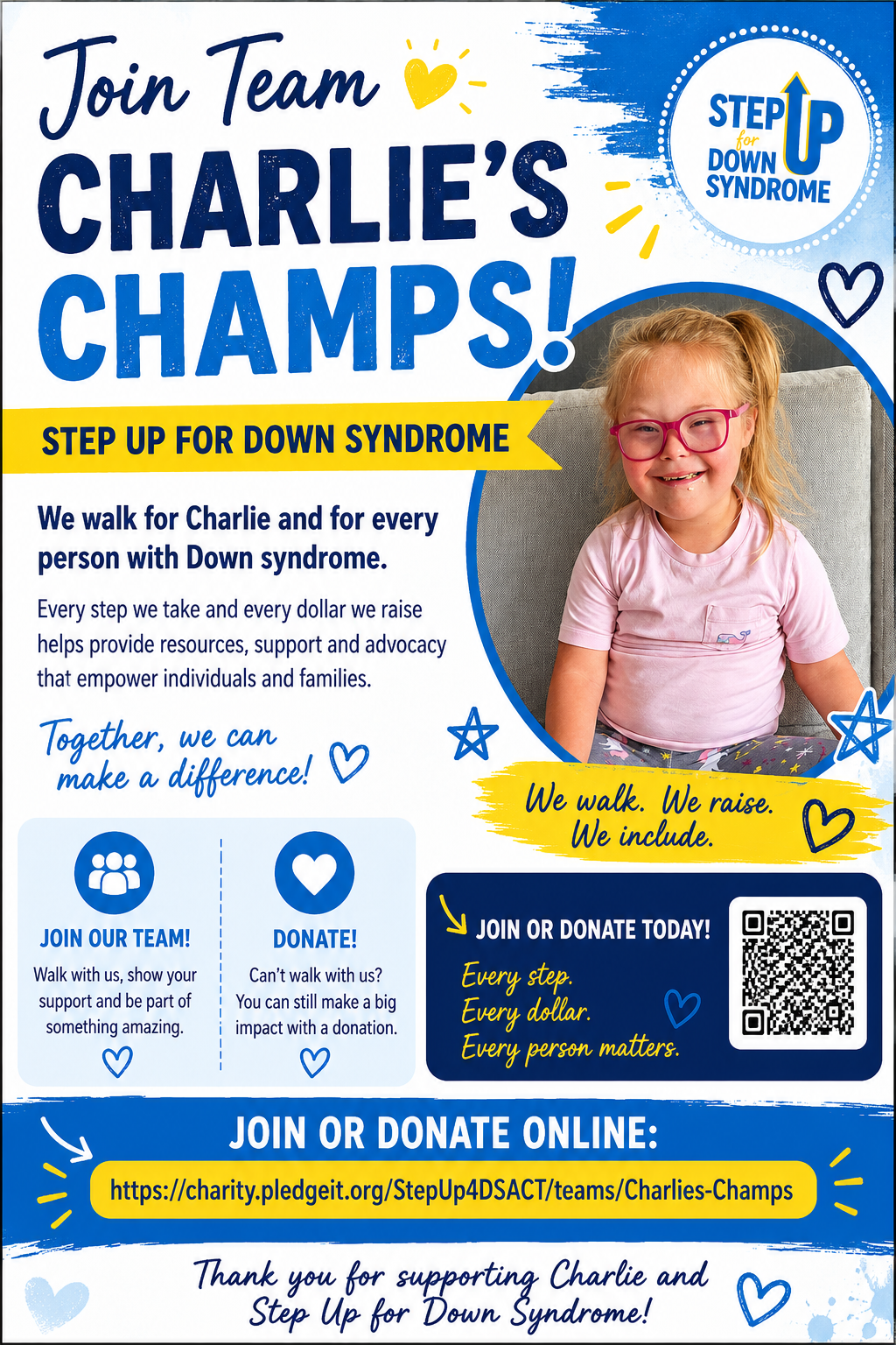 Flyer inviting volunteers for Charlie’s Champs Step Up for Down Syndrome, with a smiling child and donation details