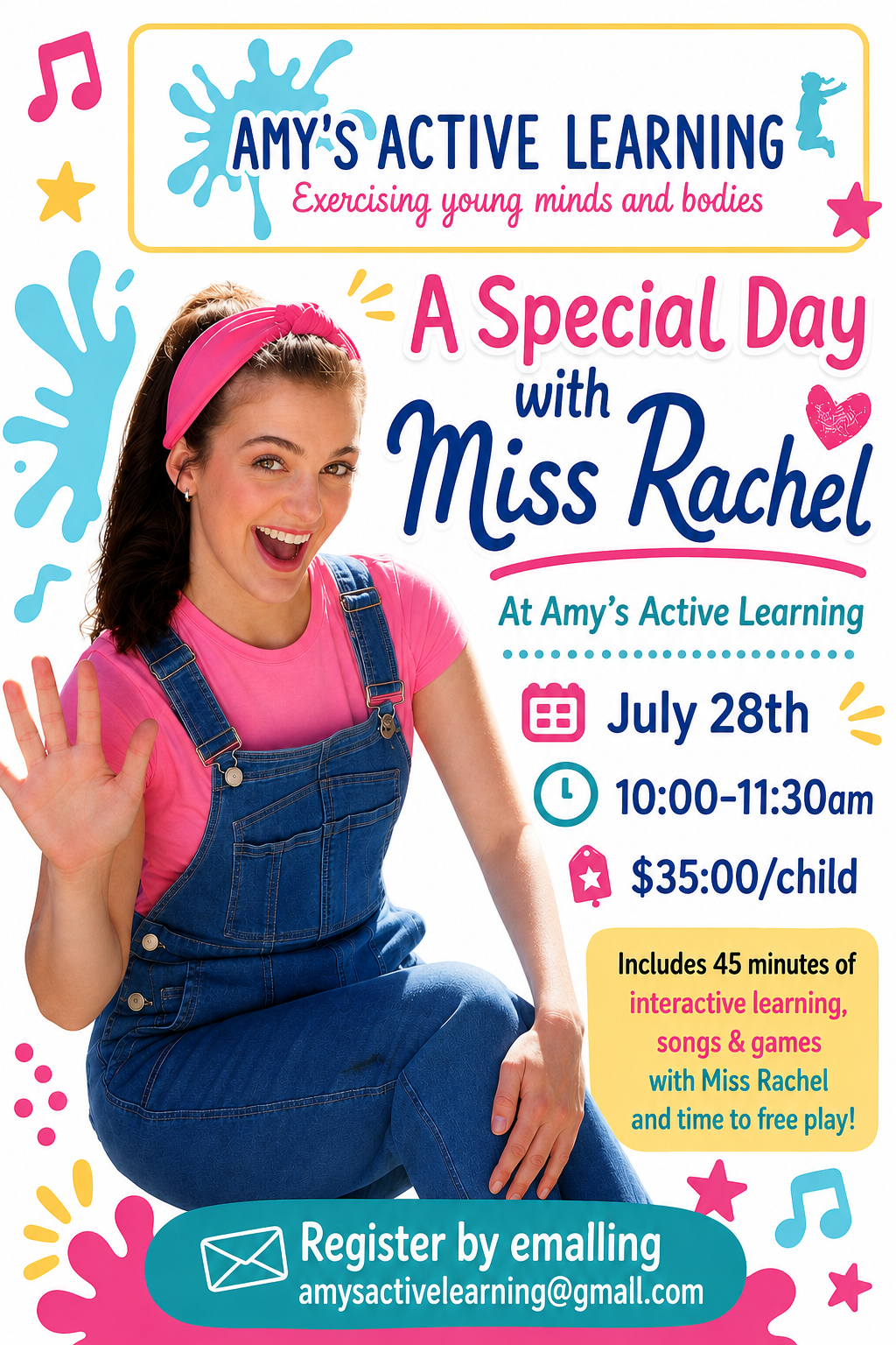 Amy’s Active Learning event poster for 'A Special Day with Miss Rachel,' July 28th, 10:00–11:30am, $35/child