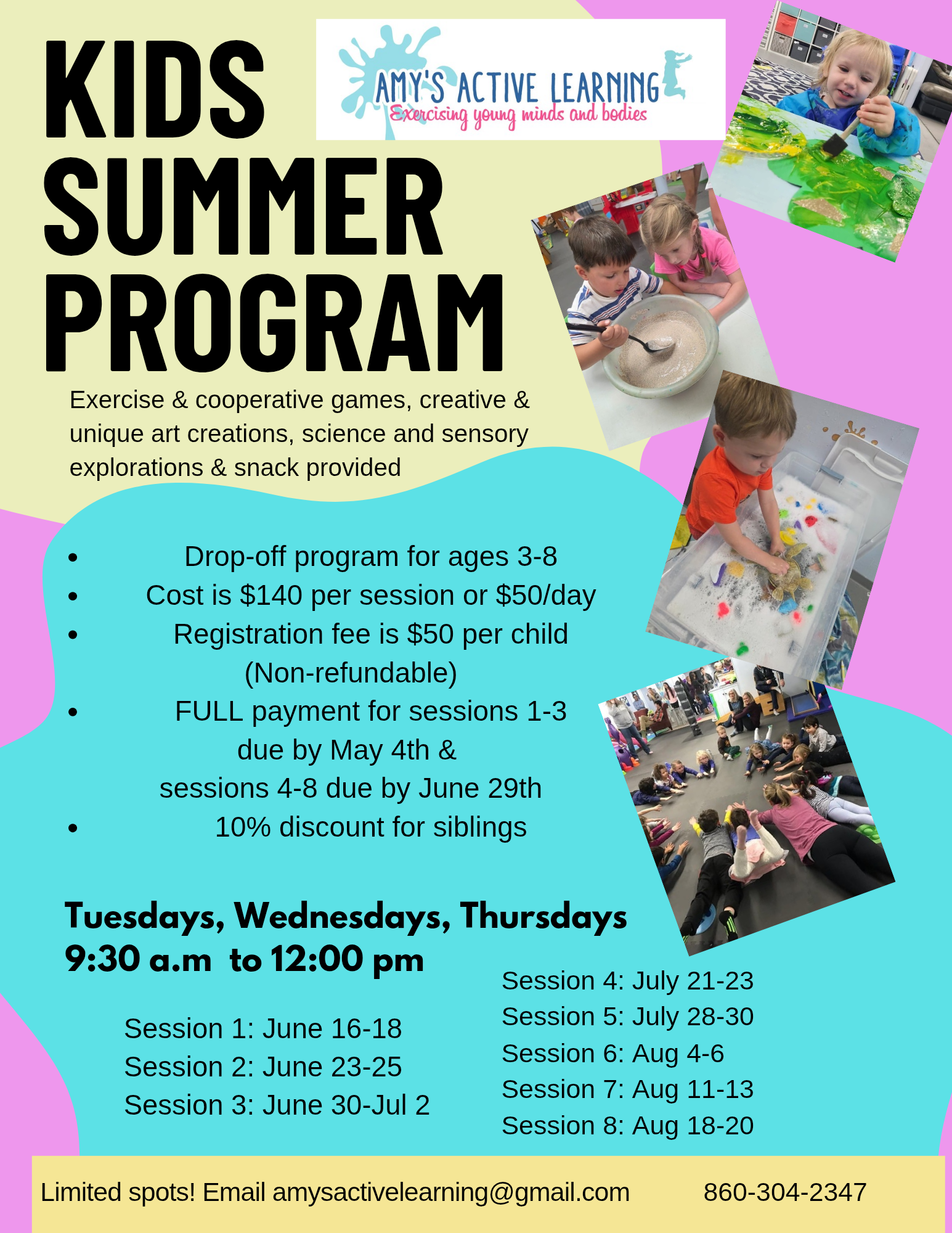 Summer program flyer for kids, featuring activity photos and details.