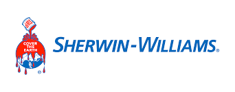 Sherwin-Williams logo: red and blue paint pouring from a can, covering the Earth; blue text.