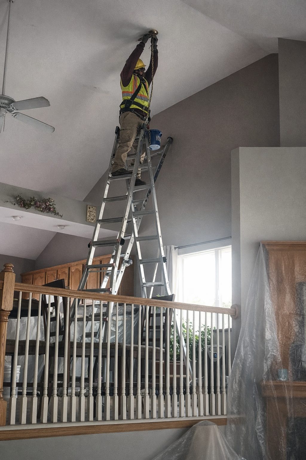 Worker on a tall ladder painting a high ceiling in a home interior