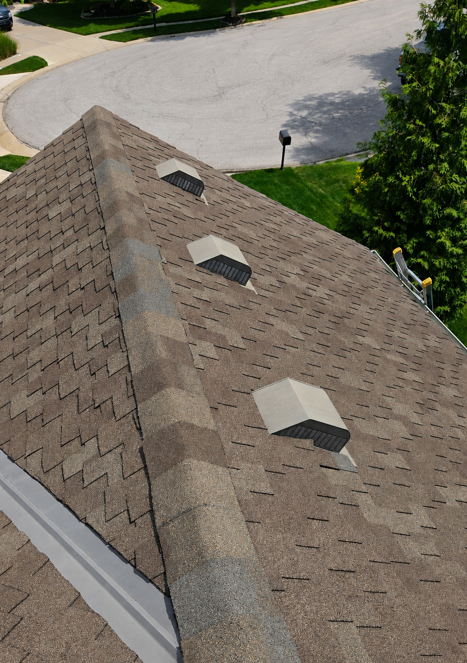 Shingled house roof with three skylights beside a curved street and trees