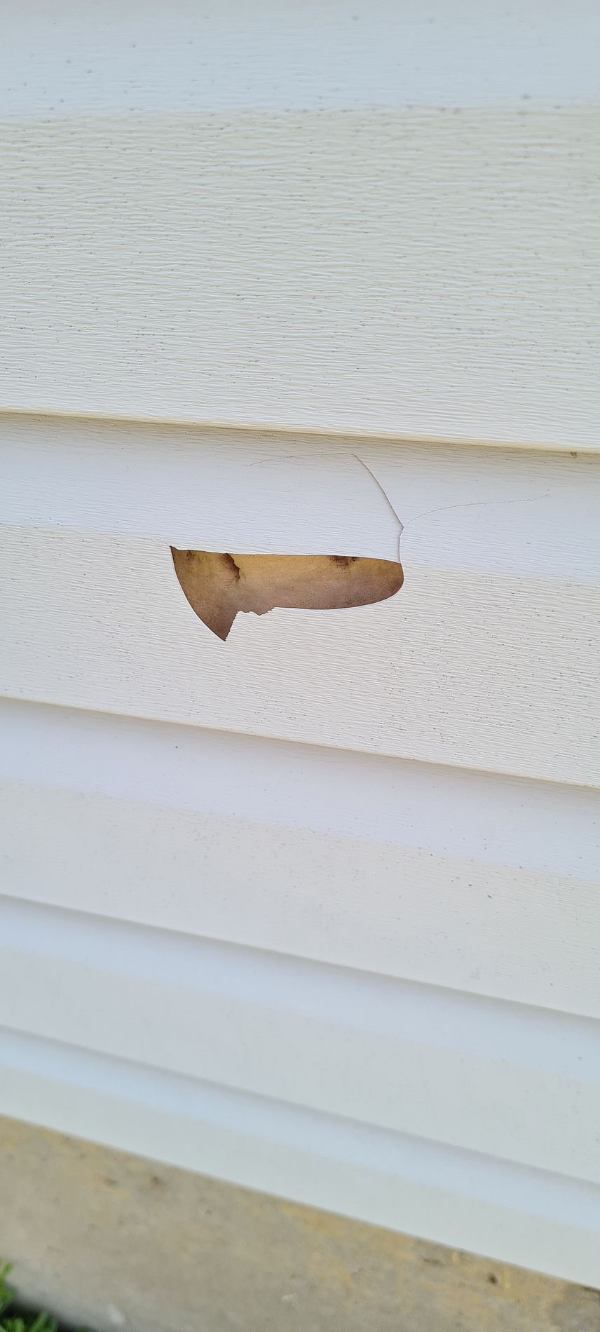 Close-up of white vinyl siding with a chipped hole exposing brown material underneath