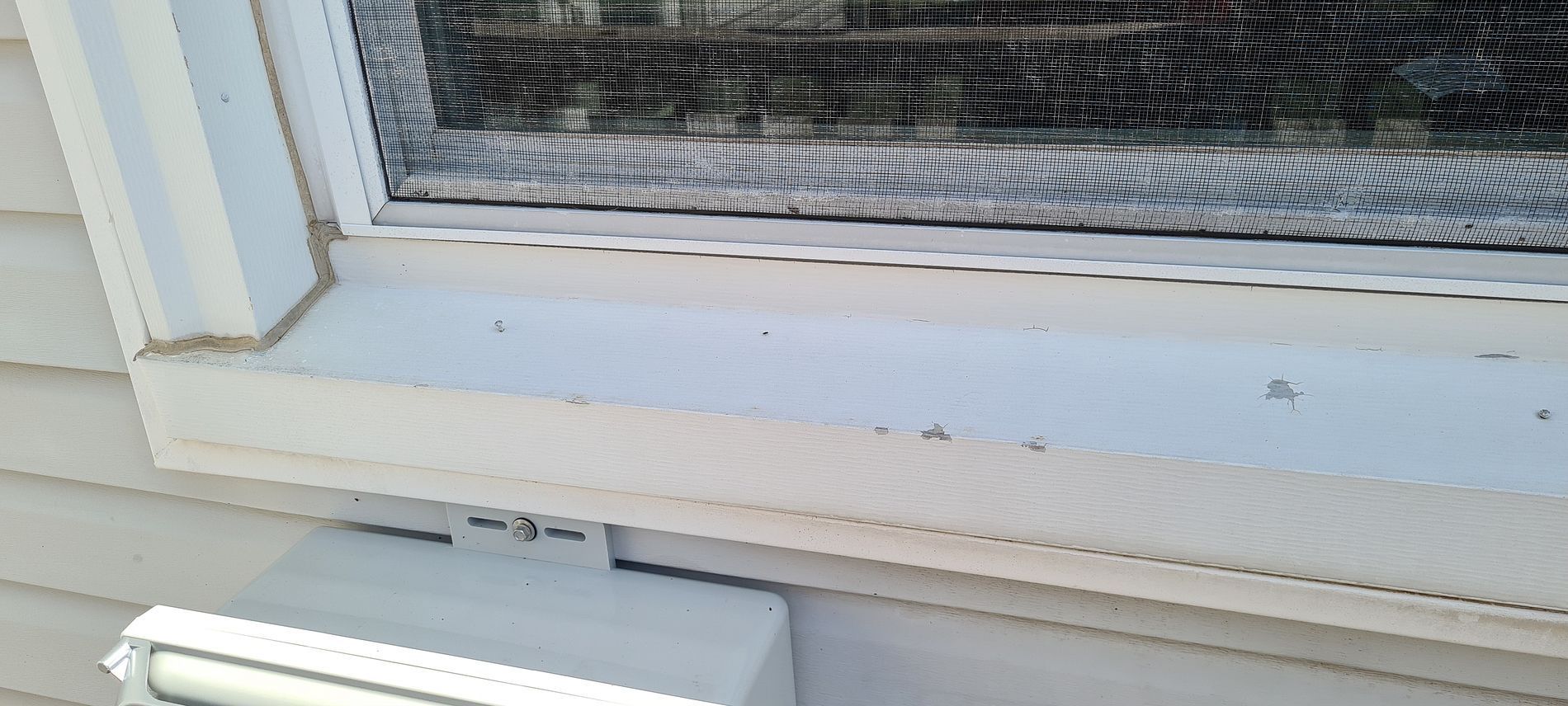 White exterior window frame and ledge beneath a mesh screen door panel