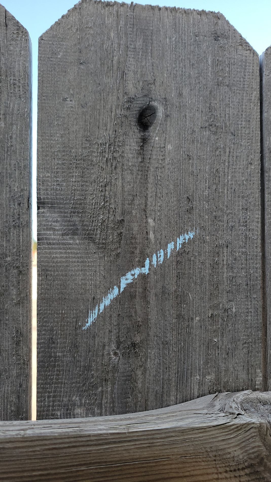 Weathered gray wooden fence with a small dark knot and a pale blue diagonal paint mark.