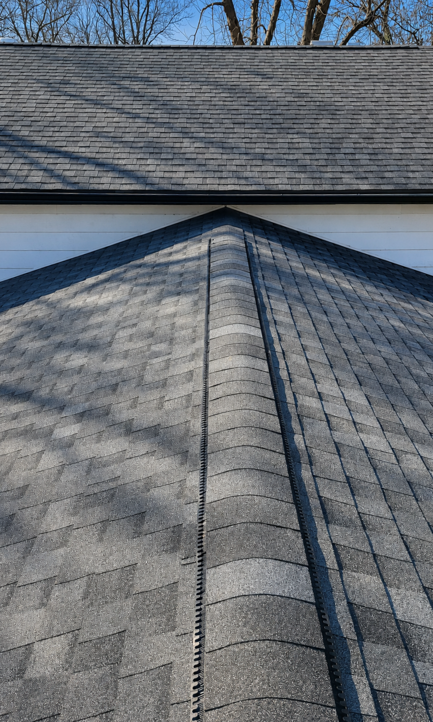 Gray shingled roof with a central ridge and dormer, backed by leafless trees against a blue sky