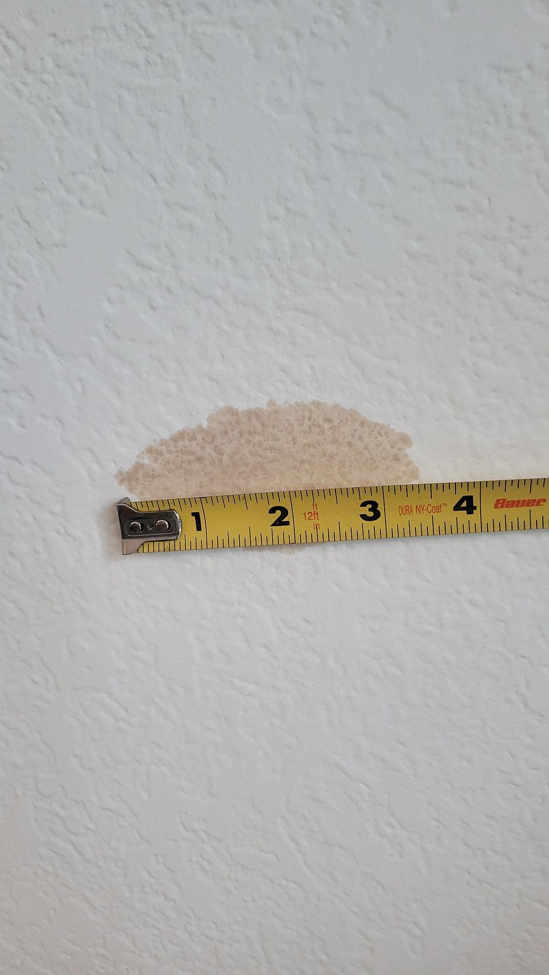 Tape measure beside a beige patch on a white wall, showing a small damaged area.