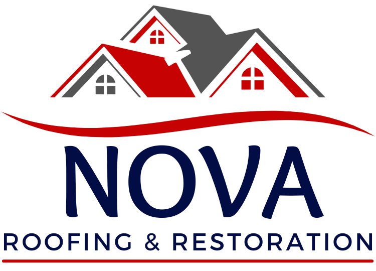 NOVA Roofing & Restoration logo with stylized red and gray roof houses above blue text