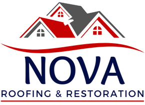 NOVA Roofing & Restoration logo with stylized red and gray roof houses above blue text