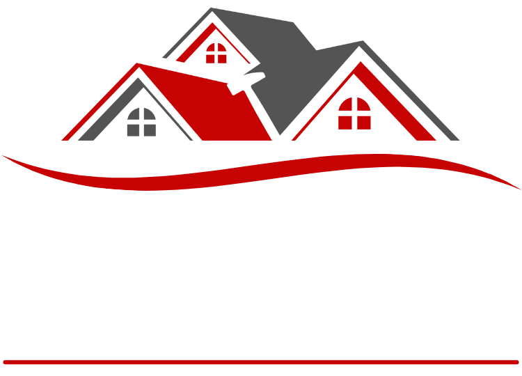 Stylized red and gray house rooftops with a red swoosh underline and line at bottom