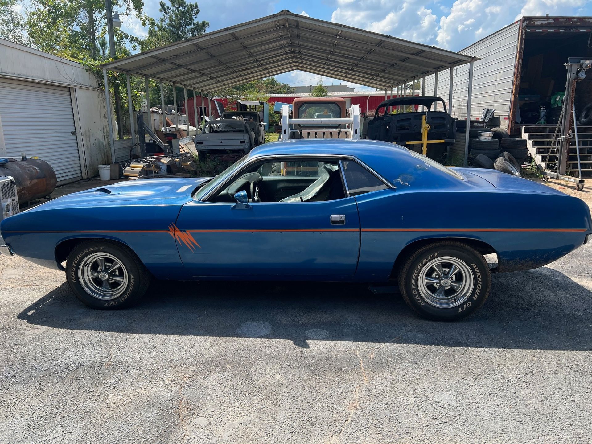 A vintage 1973 Plymouth Barracuda, highlighting its iconic style and vintage appeal.
