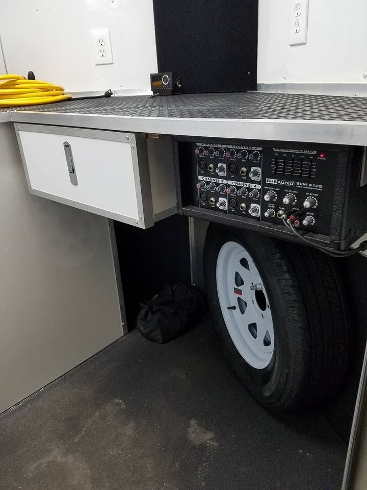 Under-counter workbench cabinet with control panel and wheel in a garage or utility room