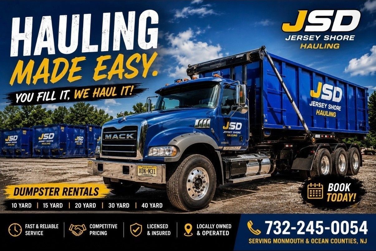 Blue JSD dumpster rental truck hauling a dumpster with “Hauling Made Easy” and phone number 732-245-0054.