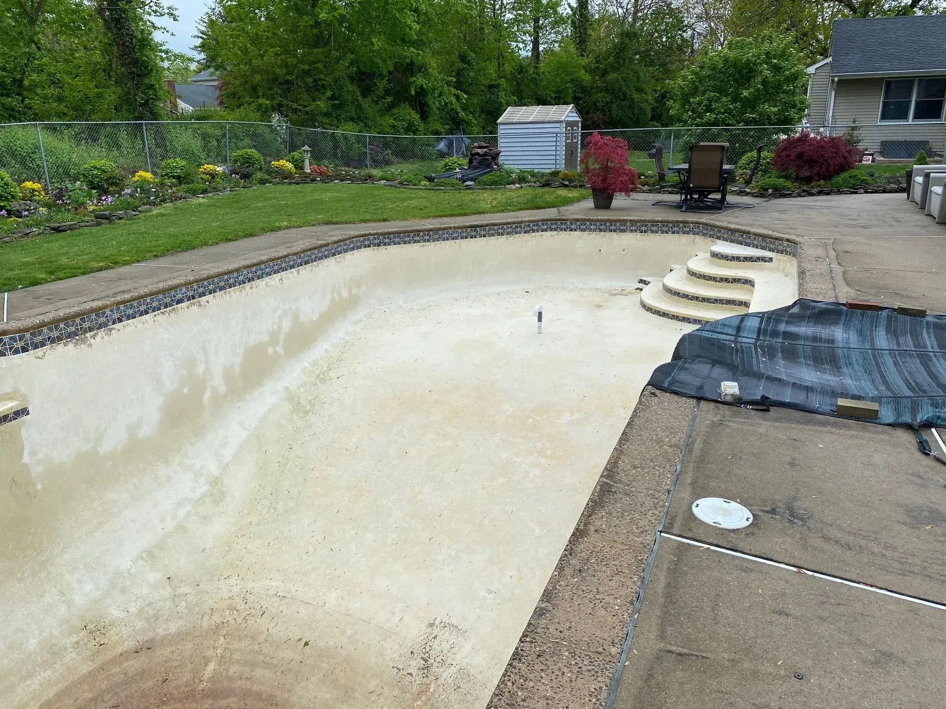 Empty in-ground swimming pool with steps, surrounded by a backyard patio and garden.