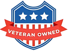 Blue shield badge with stars and red ribbon reading “Veteran Owned”