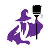 Purple wizard holding a broom, with a purple hat and beard.