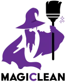 Purple wizard holding a broom; logo for "Magic Clean" cleaning service.