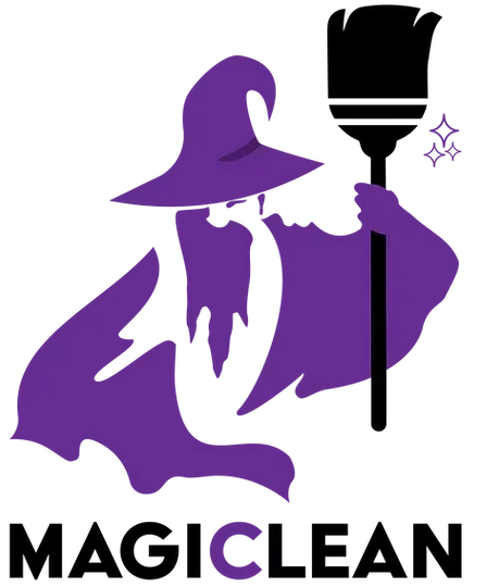Purple wizard holding a broom; logo for "Magic Clean" cleaning service.