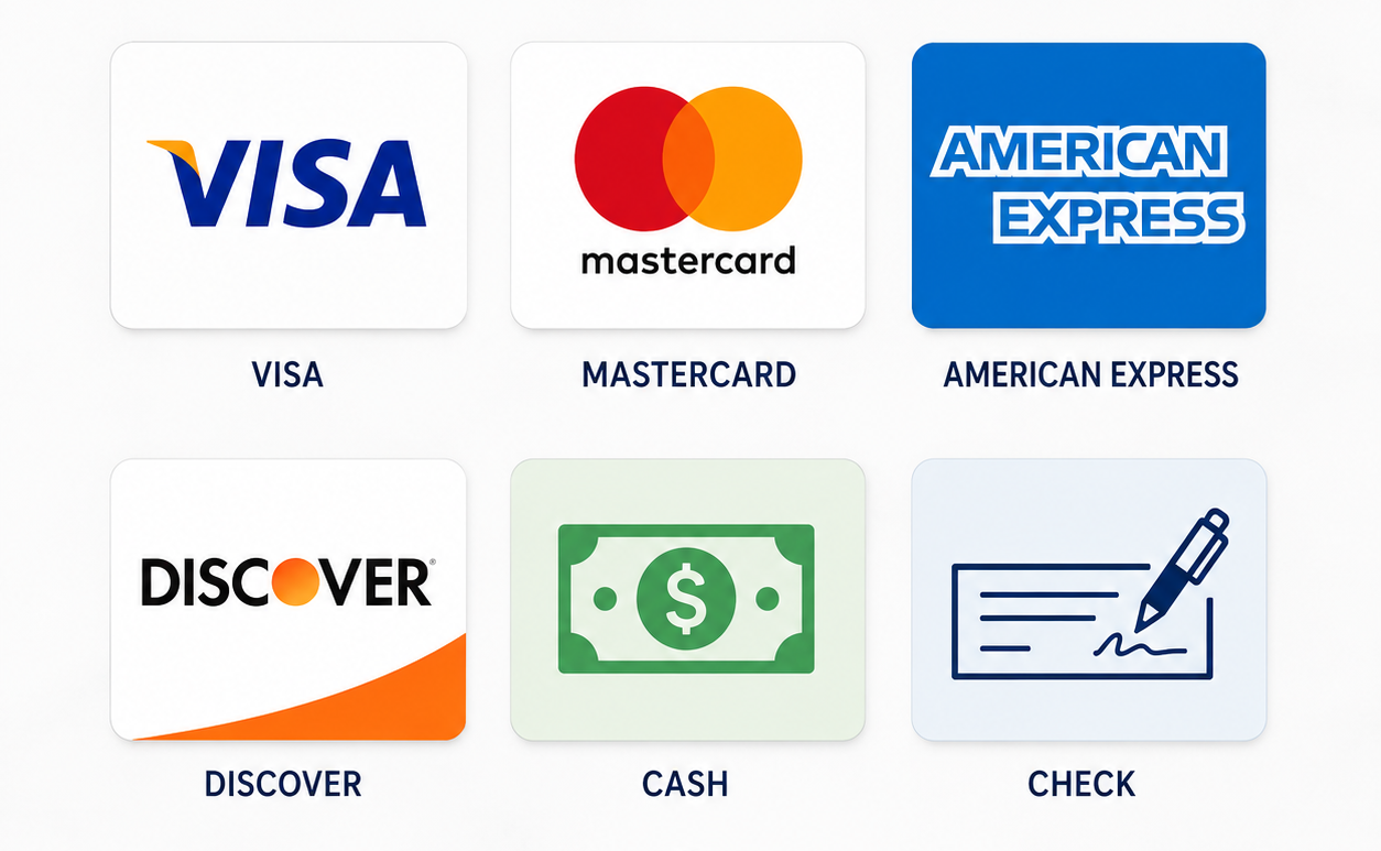 Visa, MasterCard, American express, Discover, Cash, Personal check