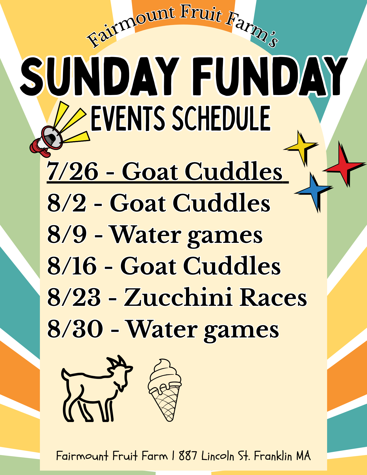 Sunday Funday events schedule poster with yellow background and colorful details: goat cuddles, water games, zucchini races.