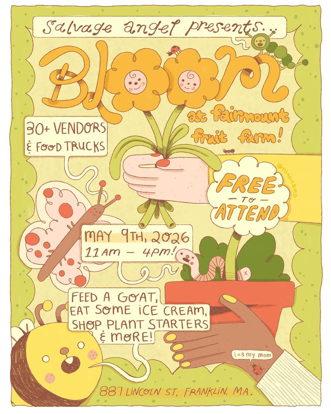 Colorful plant sale flyer with potted flowers, “Bloom” title, vendors, date and free entry details
