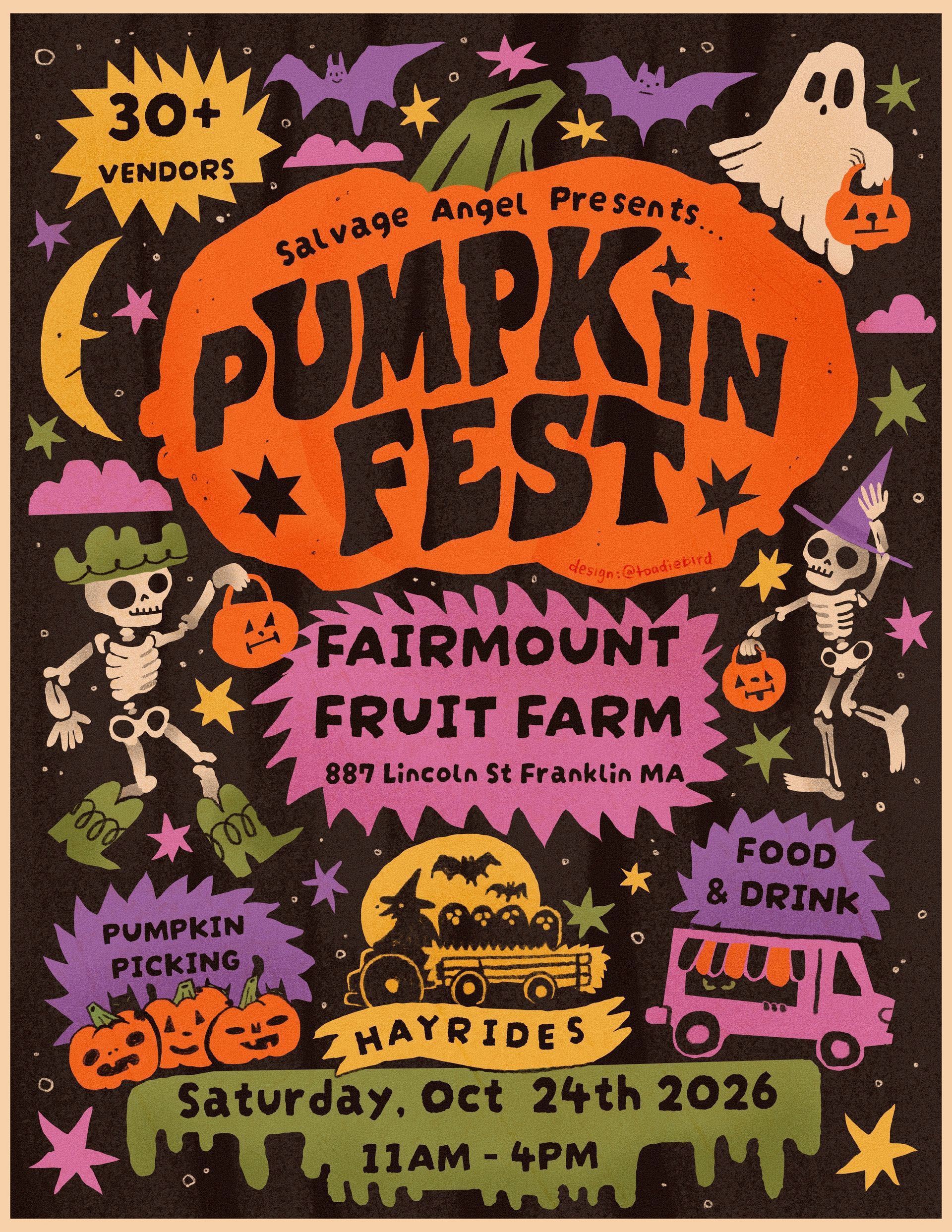Spooky Halloween Pumpkin Fest poster in orange, purple, and black, with fairground rides, food, vendors, and hayrides.