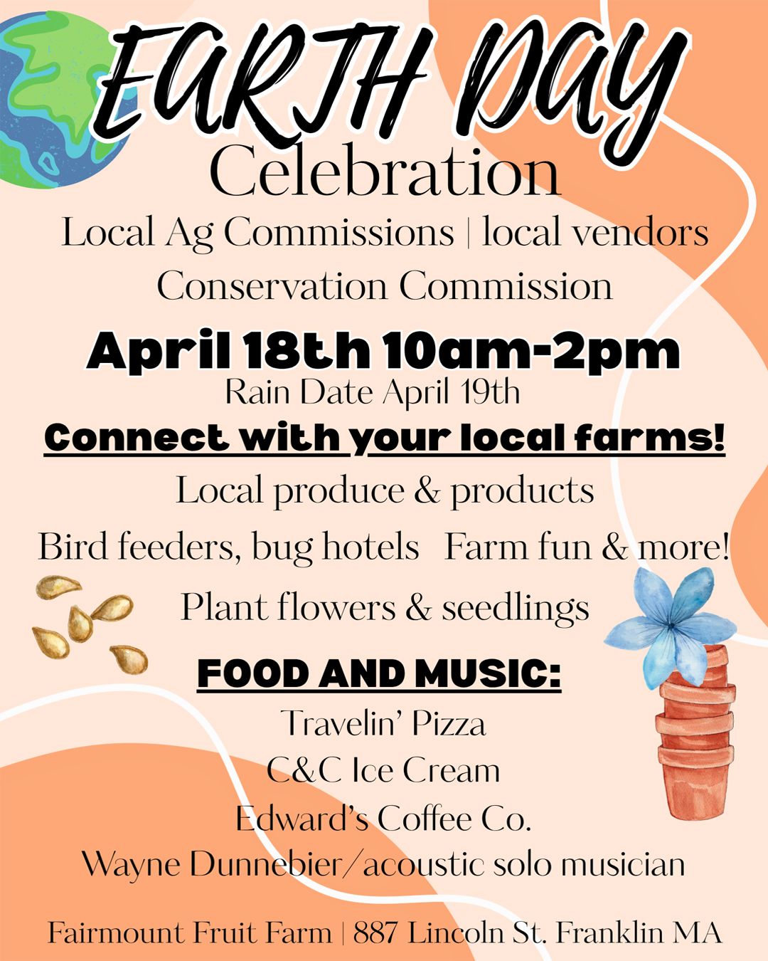 Earth Day Celebration poster, April 18, 10am-2pm, with vendors, live music, and food in Piltzville/Pintz Valley.