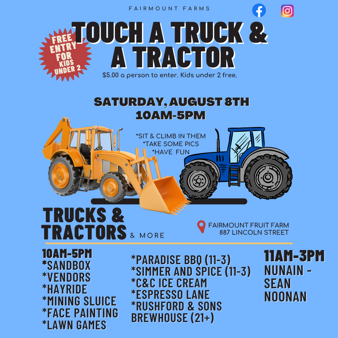 Touch a Truck & a Tractor event poster with orange backhoe and blue tractor, Saturday 10AM-5PM