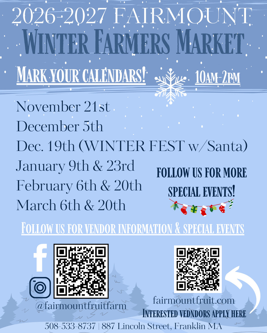 Fairmount Winter Farmers Market poster with dates, social icons, QR codes, and a blue snowy background