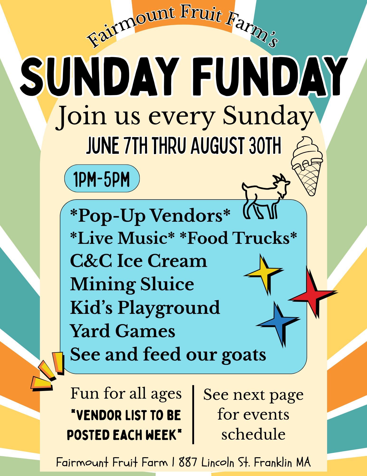 Sunday Funday event flyer with vendors, live music, food trucks, ice cream, games, and goats; June 7–Aug. 30 Sundays.