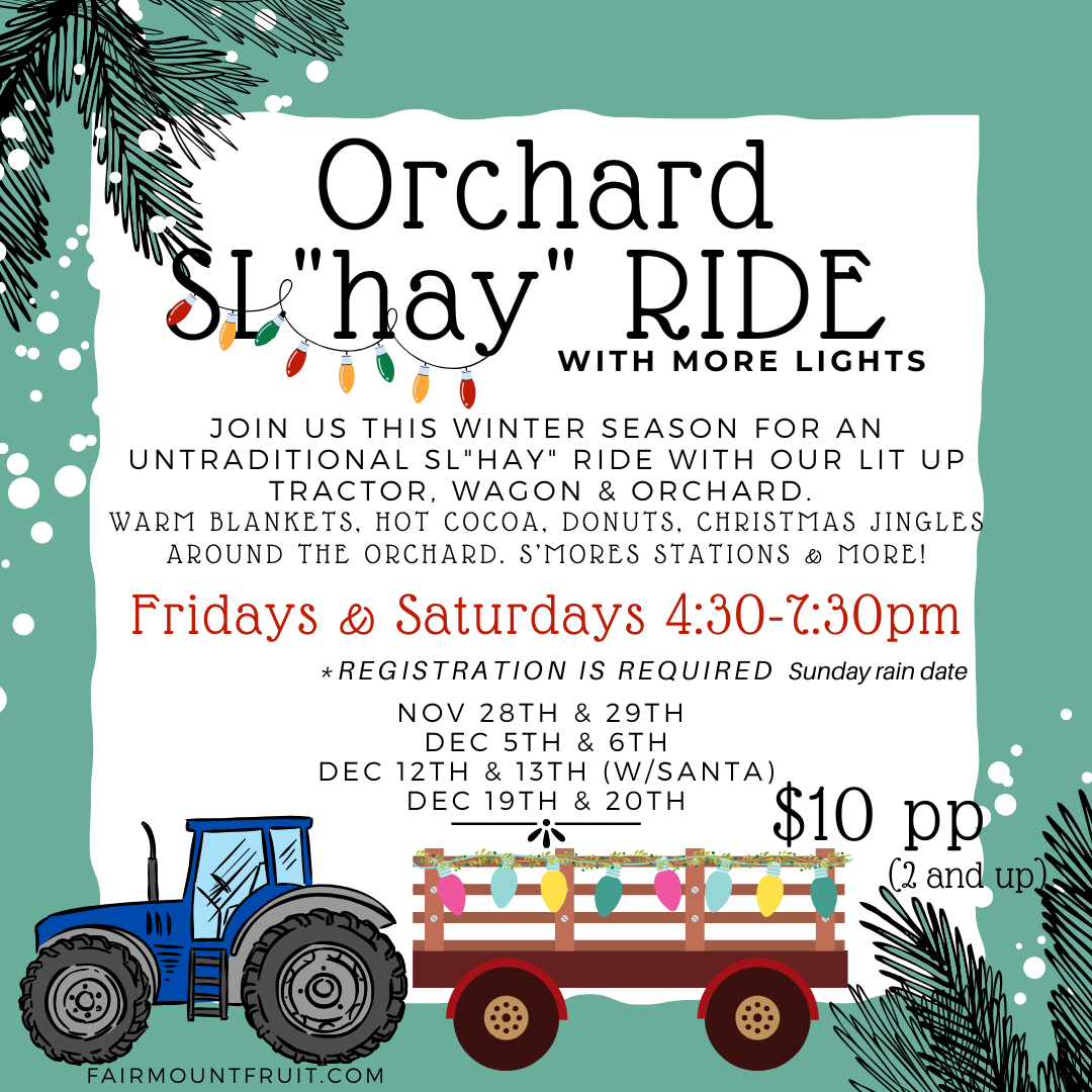 A teal flyer promoting an orchard sleigh ride with a tractor, wagon, and lights. Rides are on Fridays and Saturdays.