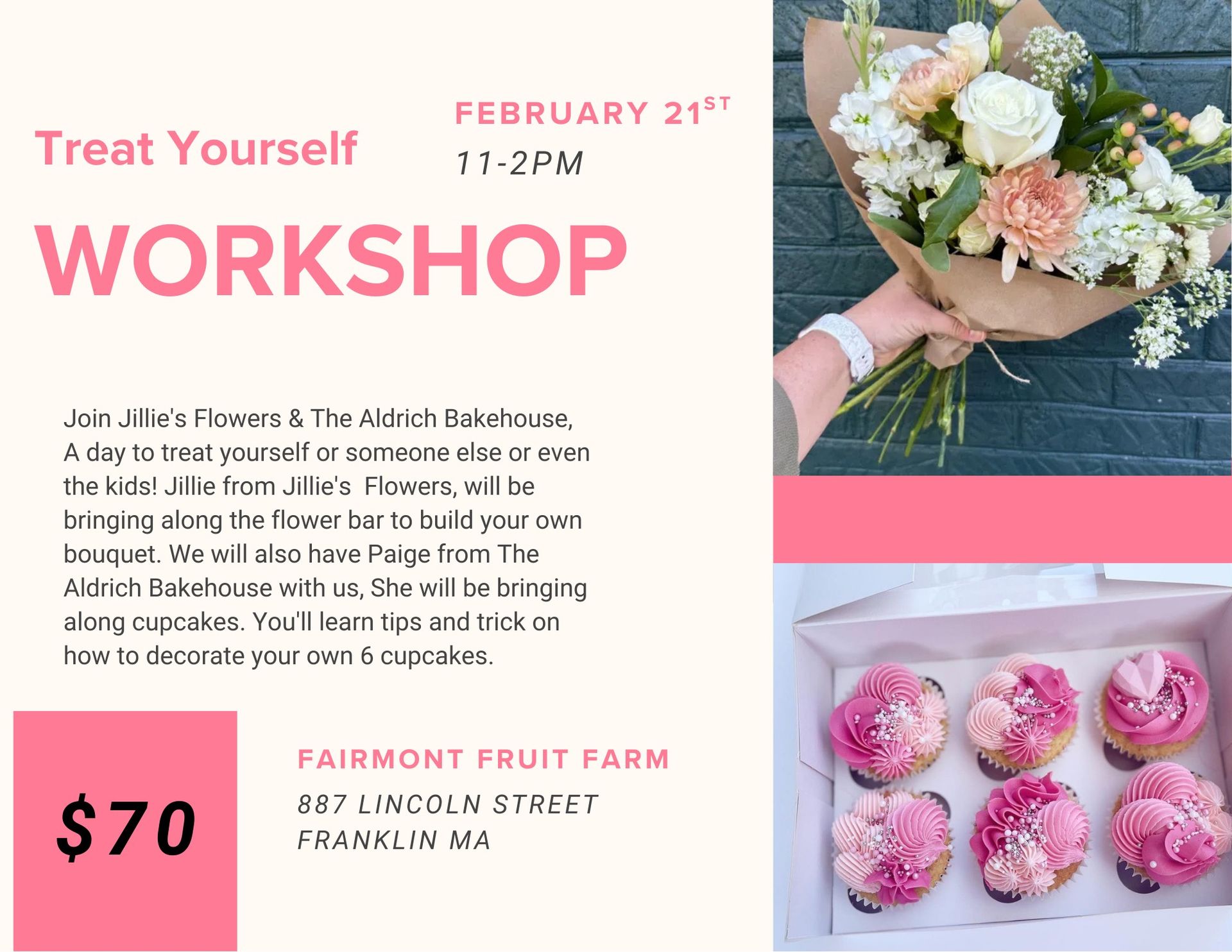 Workshop flyer for a floral bouquet and cupcake decorating class.