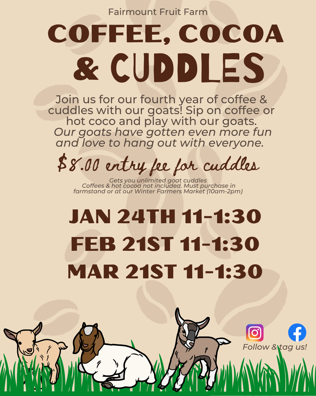 Advertisement for Coffee, Cocoa & Cuddles at Fairmount Fruit Farm, with dates and entry fee, and illustrations of goats.