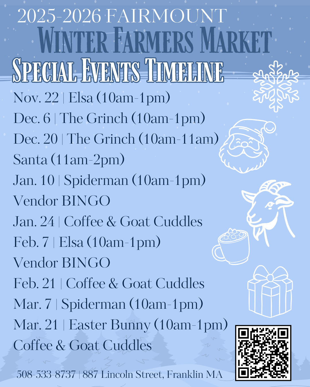 2025-2026 Fairmount Winter Farmers Market Special Events Timeline: Nov 22-Mar 21, featuring characters, Bingo, and coffee & goat cuddles.