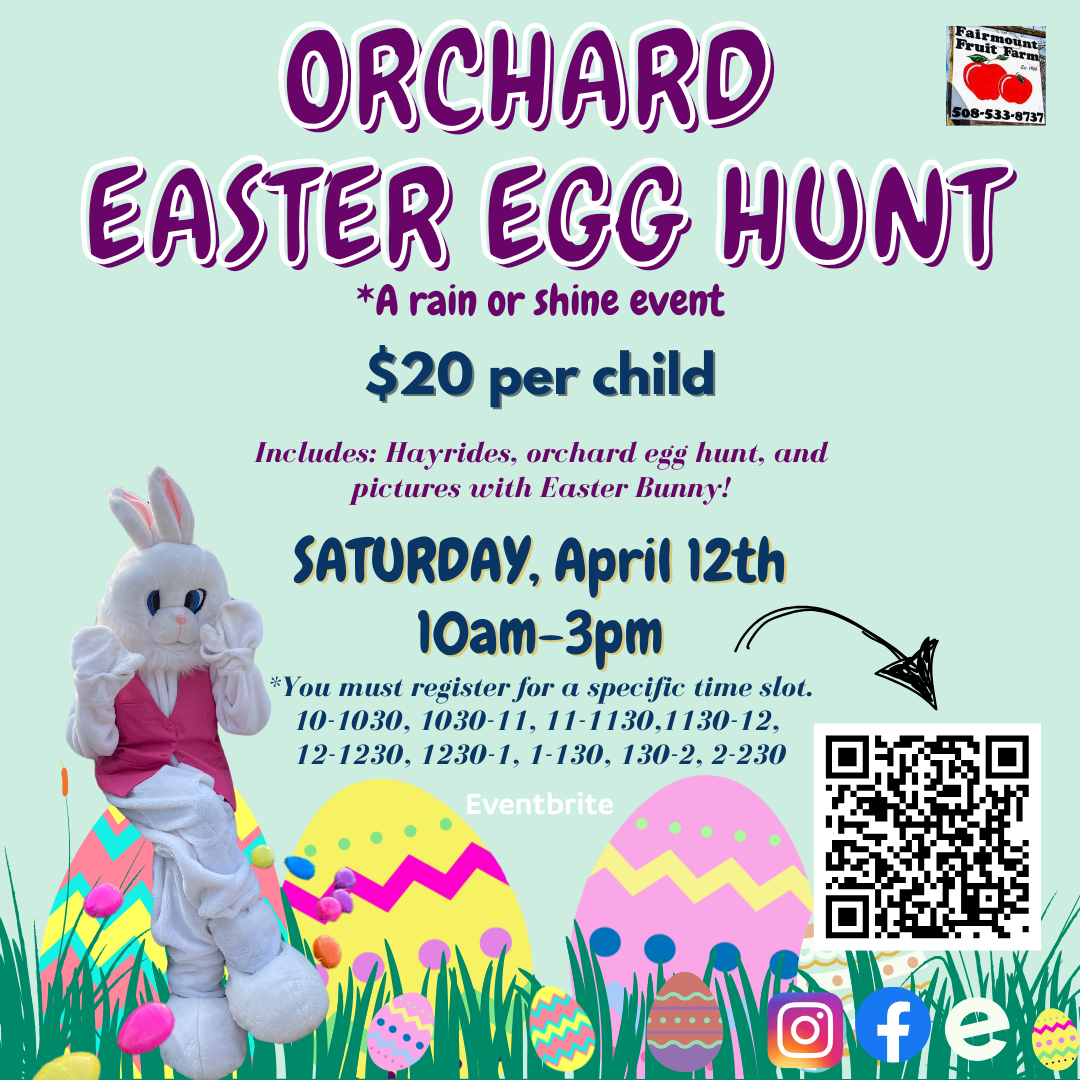 An advertisement for an orchard easter egg hunt.
