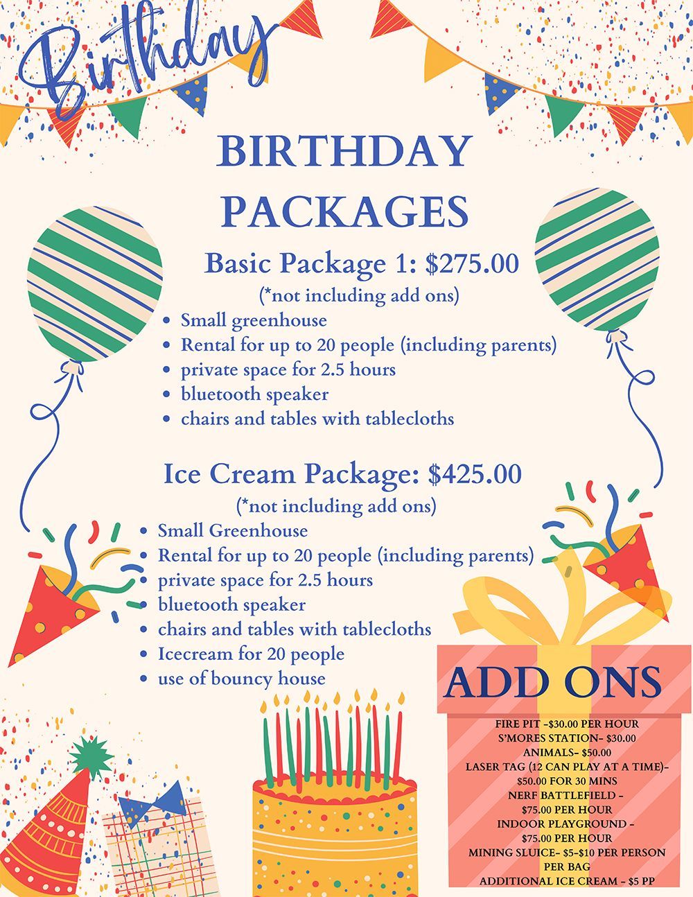Birthday party flyer with package prices, cake options, and colorful party decorations