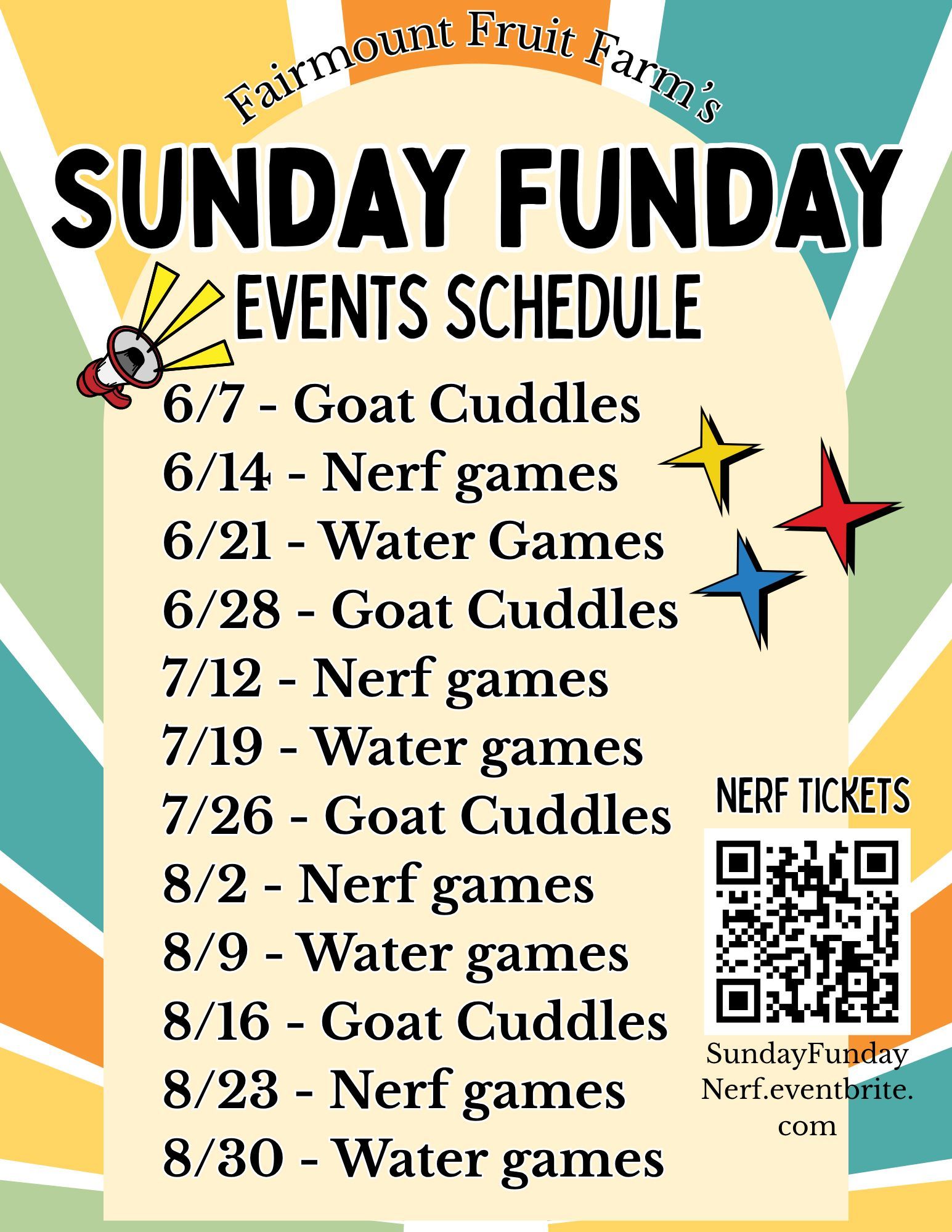 Sunday Fun Day events schedule poster with dates, goat cuddles, nerf games, water games, and a QR code.