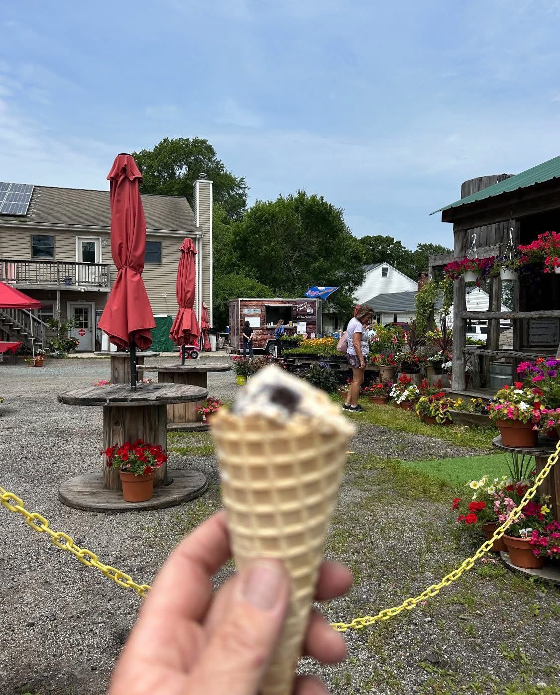 Hand holding a vanilla ice cream cone in a flower-filled outdoor market on a cloudy day