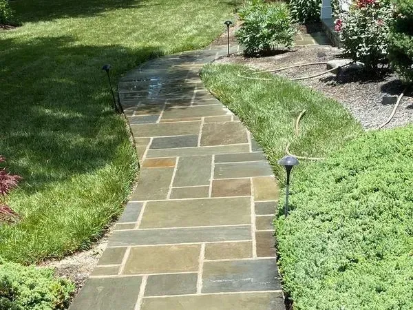 Stone pathway curves through a green lawn, bordered by grass and bushes.