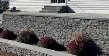 A stone wall with plants in front of a house.