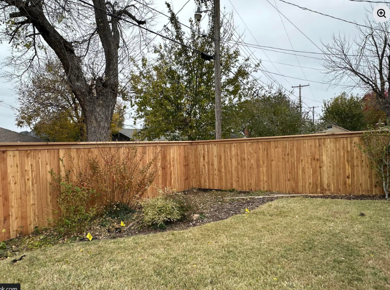 Backyard with wooden fence, leafless trees, and a curved flower bed along the lawn