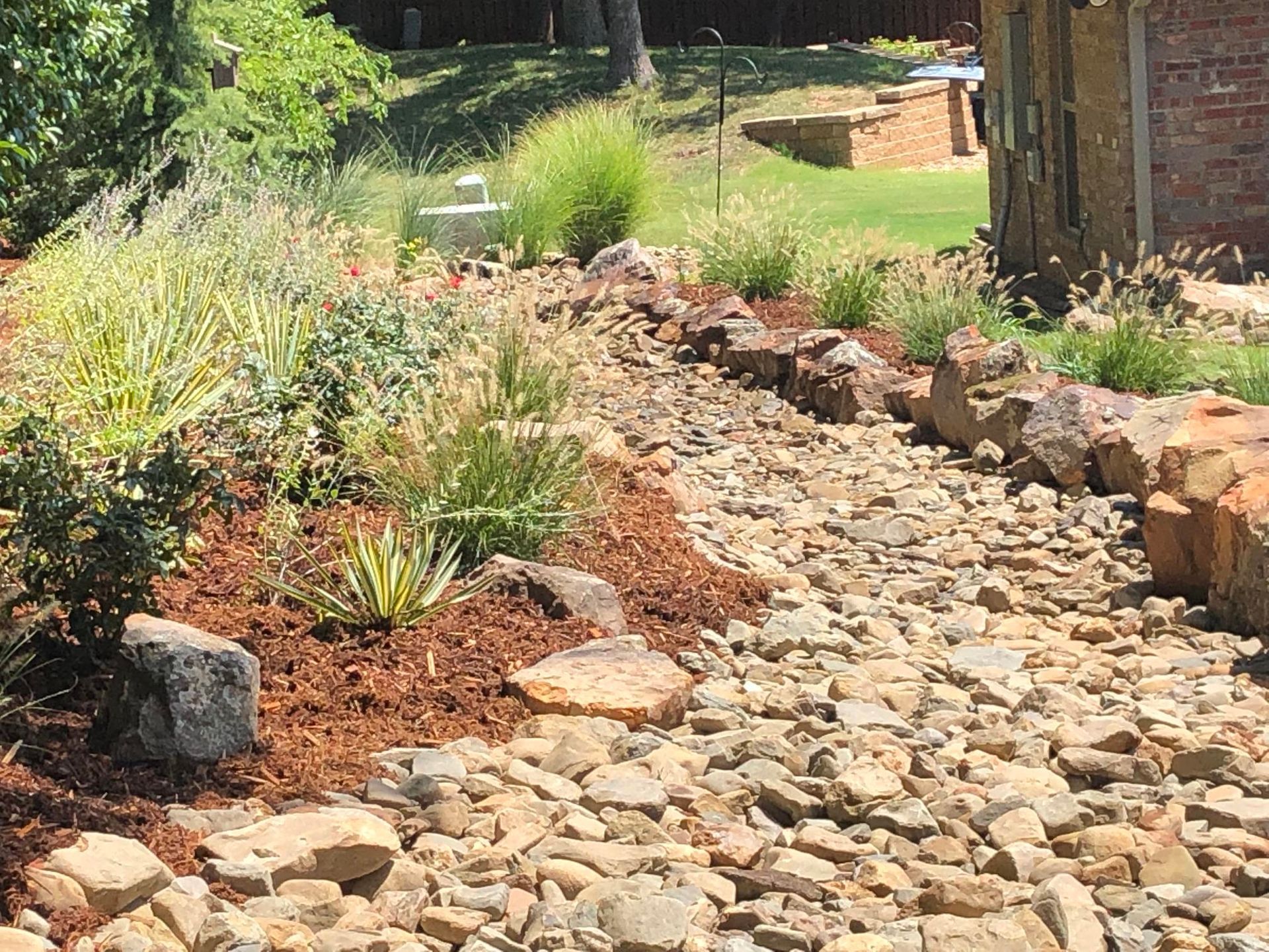 Rocky garden path bordered by mulch and plants, leading past a wooden structure in a sunny yard